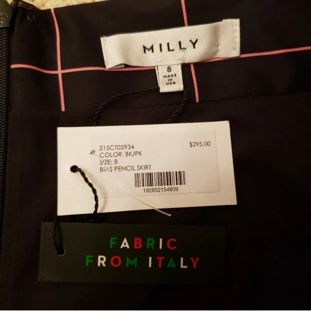 Milly Bias Pencil Skirt Grid Print Black & Pink Size 8 NWT
